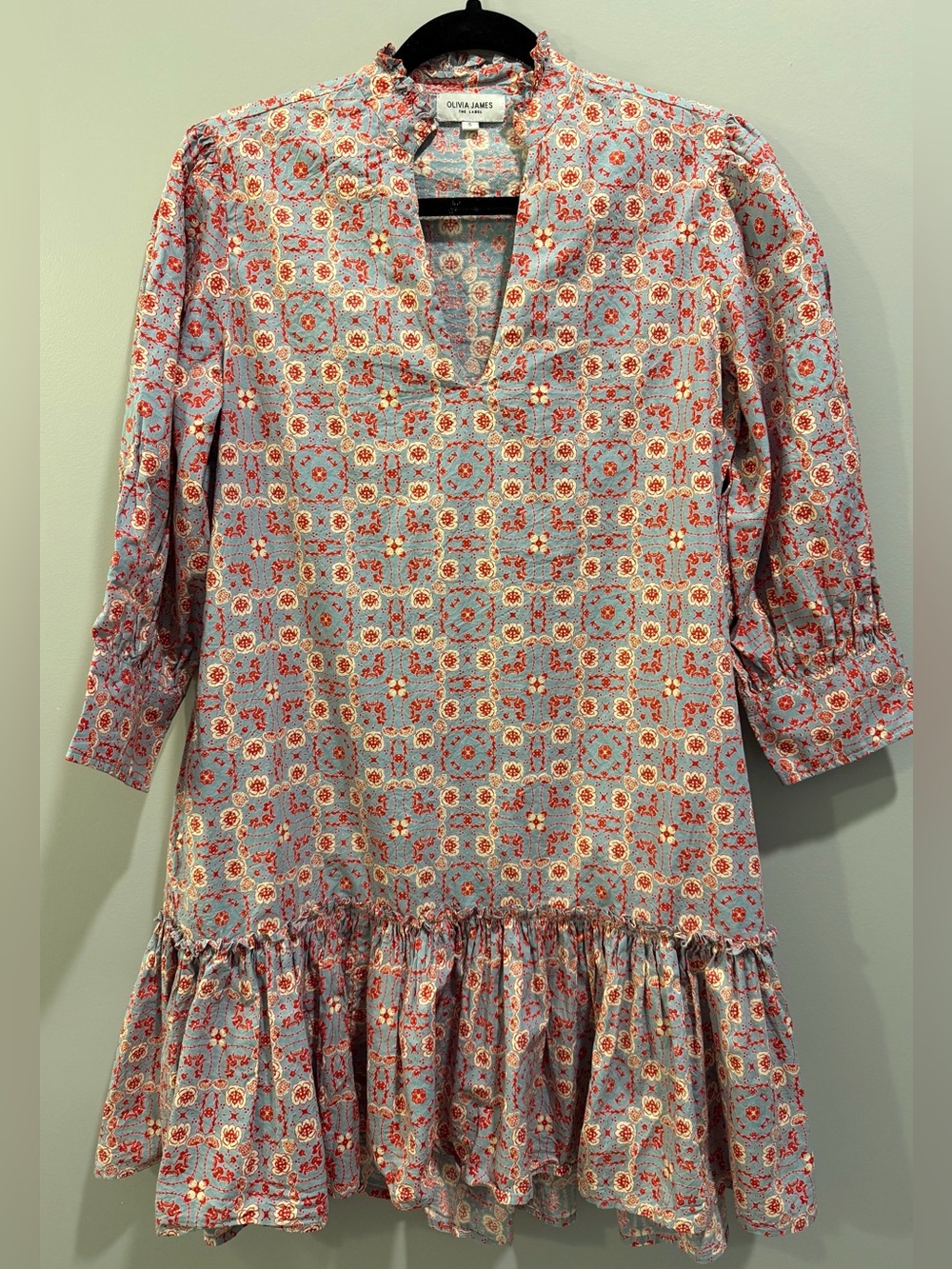 Olivia James The Label Printed V-Neck Ruffle Collar Ruffle Hem Dress Blue Red S